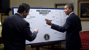 President Obama is a huge basketball fan. His 2009 NCAA Printable Bracket actually consisted of a giant dry erase board, pictured here, so it wasn't printable. But his was fancier because he's president.
