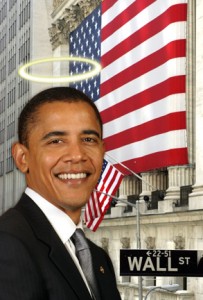 Obama Wall Street Is that a halo or are you just happy to see the bulls running like they did in the old days? (Photo: advancethstruggle.wordpress.com)